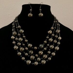 Vintage 90s 4-Strand Beaded Necklace and Pierced Earrings